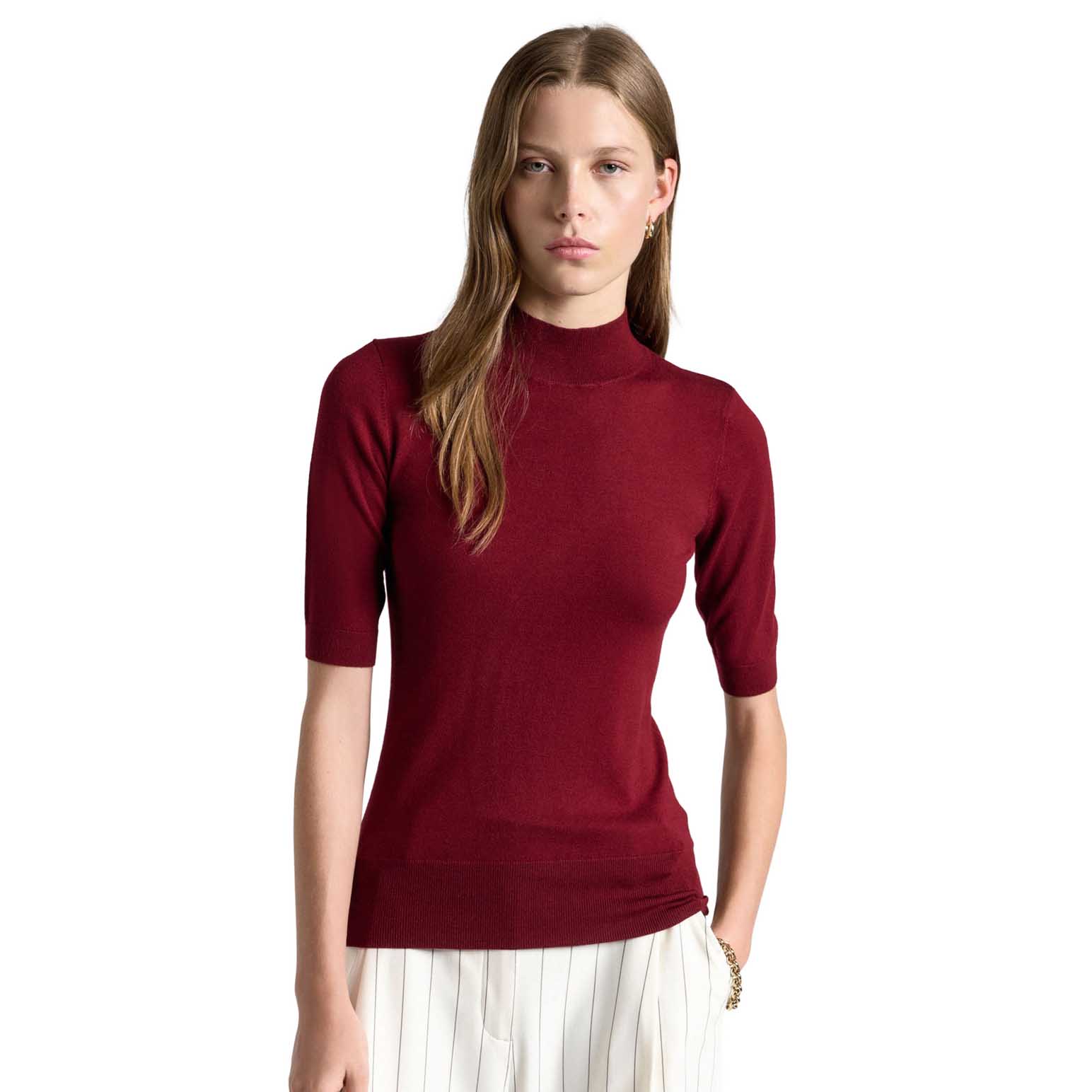 Cue Maroon Elbow Sleeve Funnel Neck Knit